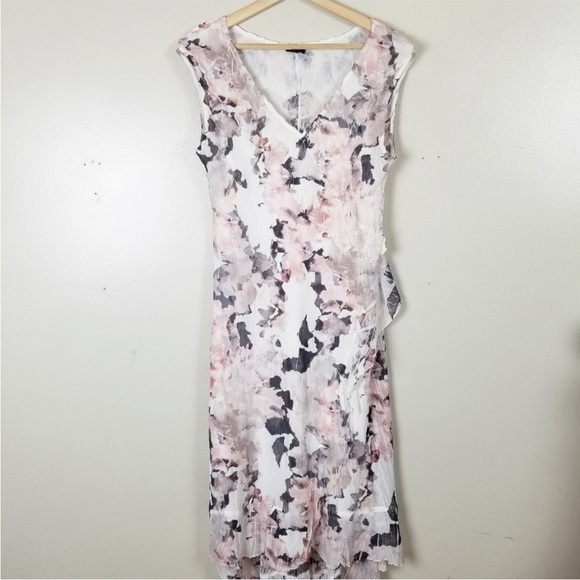 KOMAROV Abstract Floral Sleeveless Midi Dress V Neck Ruffle Flowy Crinkle US P/L - Picture 1 of 8